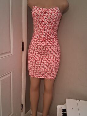 Strapless Red & White Patterned Bodycon Dress